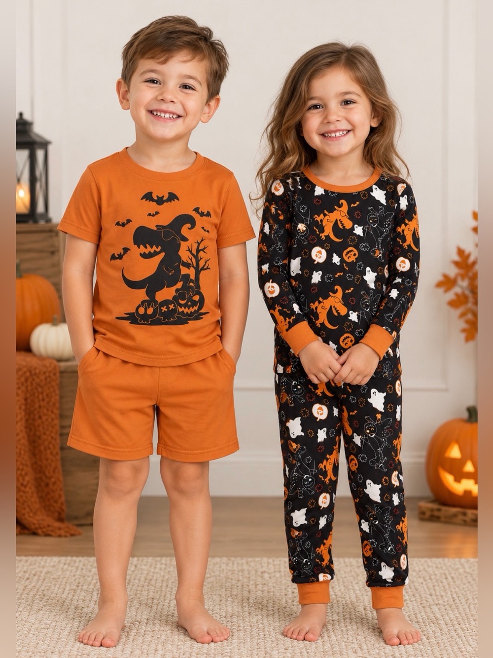 2 sets Orange & Black Halloween Dino Pajama Set for Kids